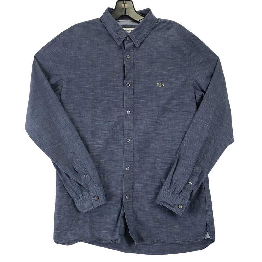 Lacoste Slim Fit Button Down Shirt Mens M Navy Blue Micro Stripe Preppy Classic